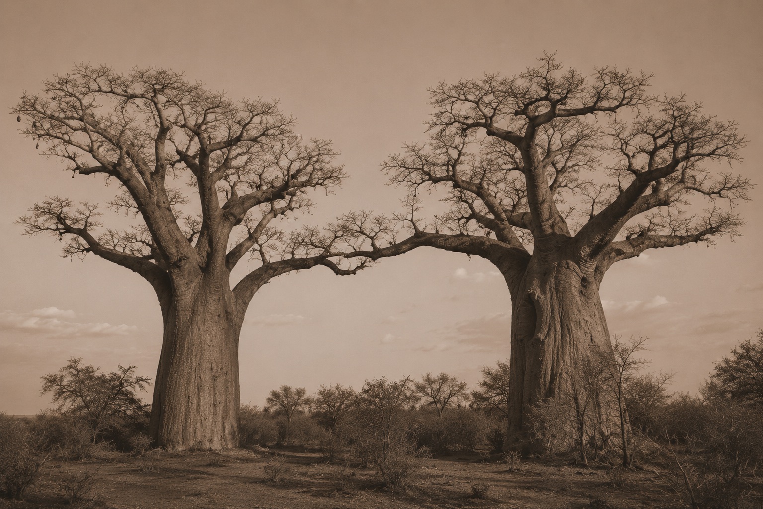 Deux baobabs face à face dans la savane