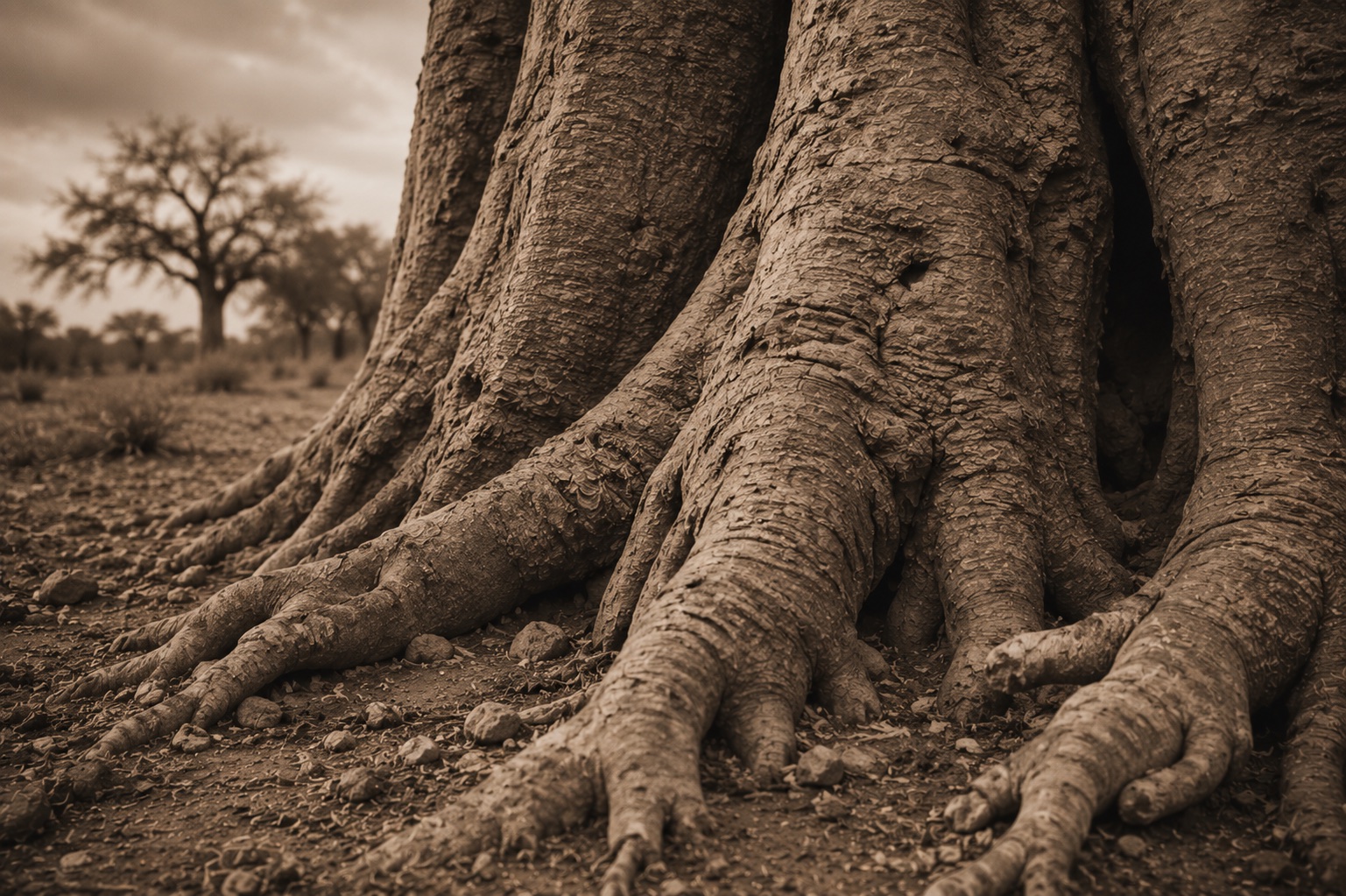 Racines d'un baobab agrippant la terre sèche du Sahel